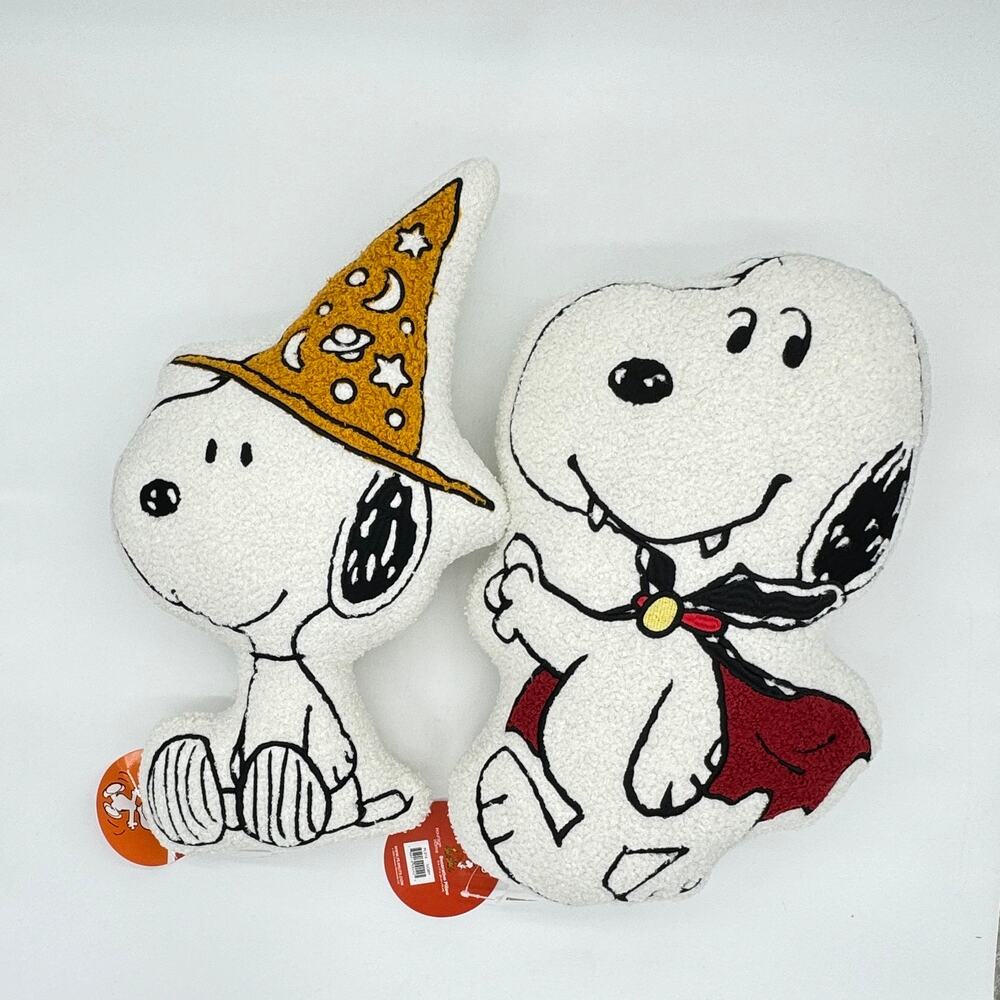Set of 2 Peanuts Snoopy Shaped Sherpa Pillow Halloween Witch Hat & Vampire NEW